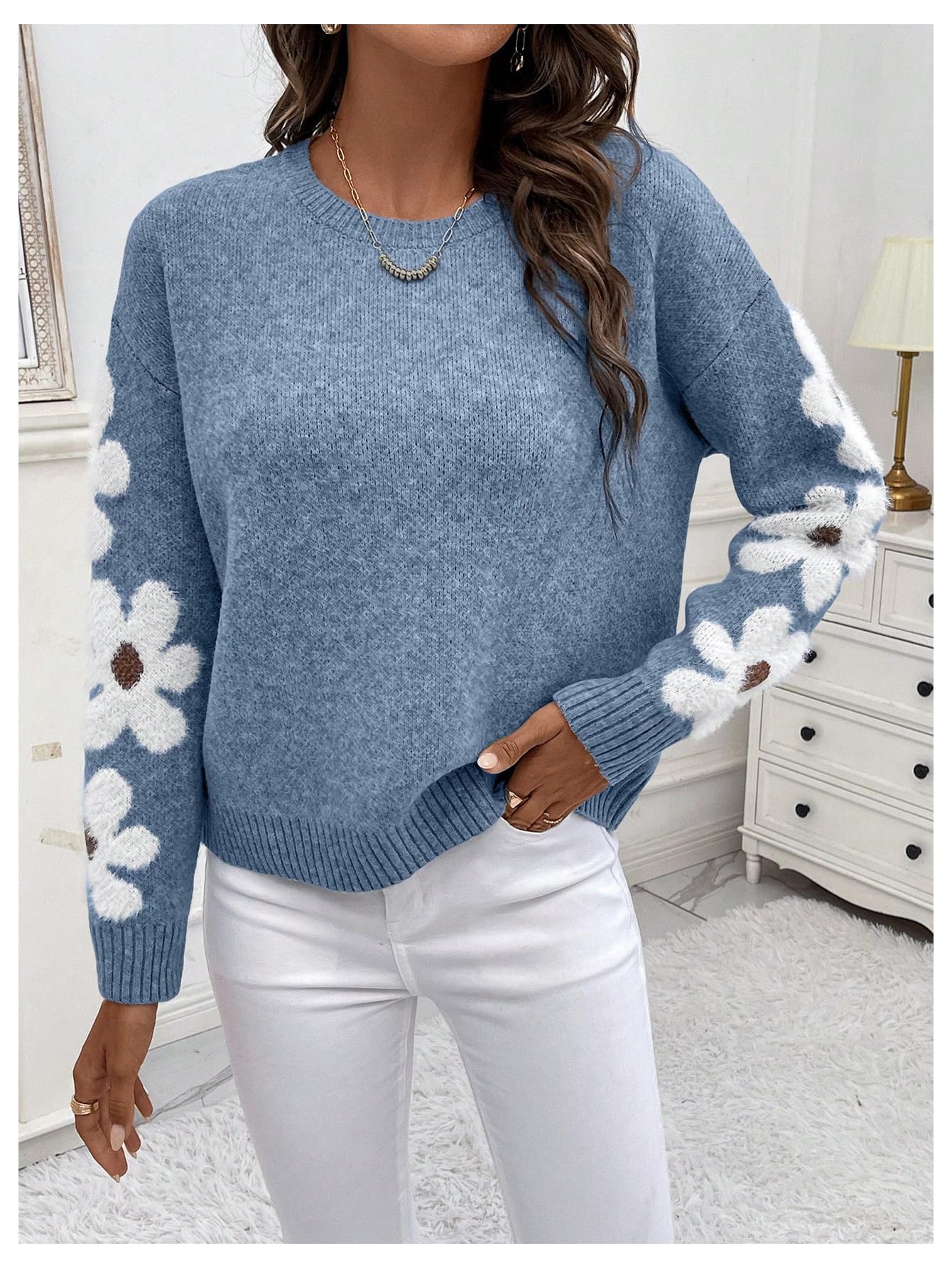 SHENHE Women's Floral Pattern Crewneck Long Sleeve Drop Shoulder Sweaters Pullover Tops Dusty Blue Large - Bella Blue Styles