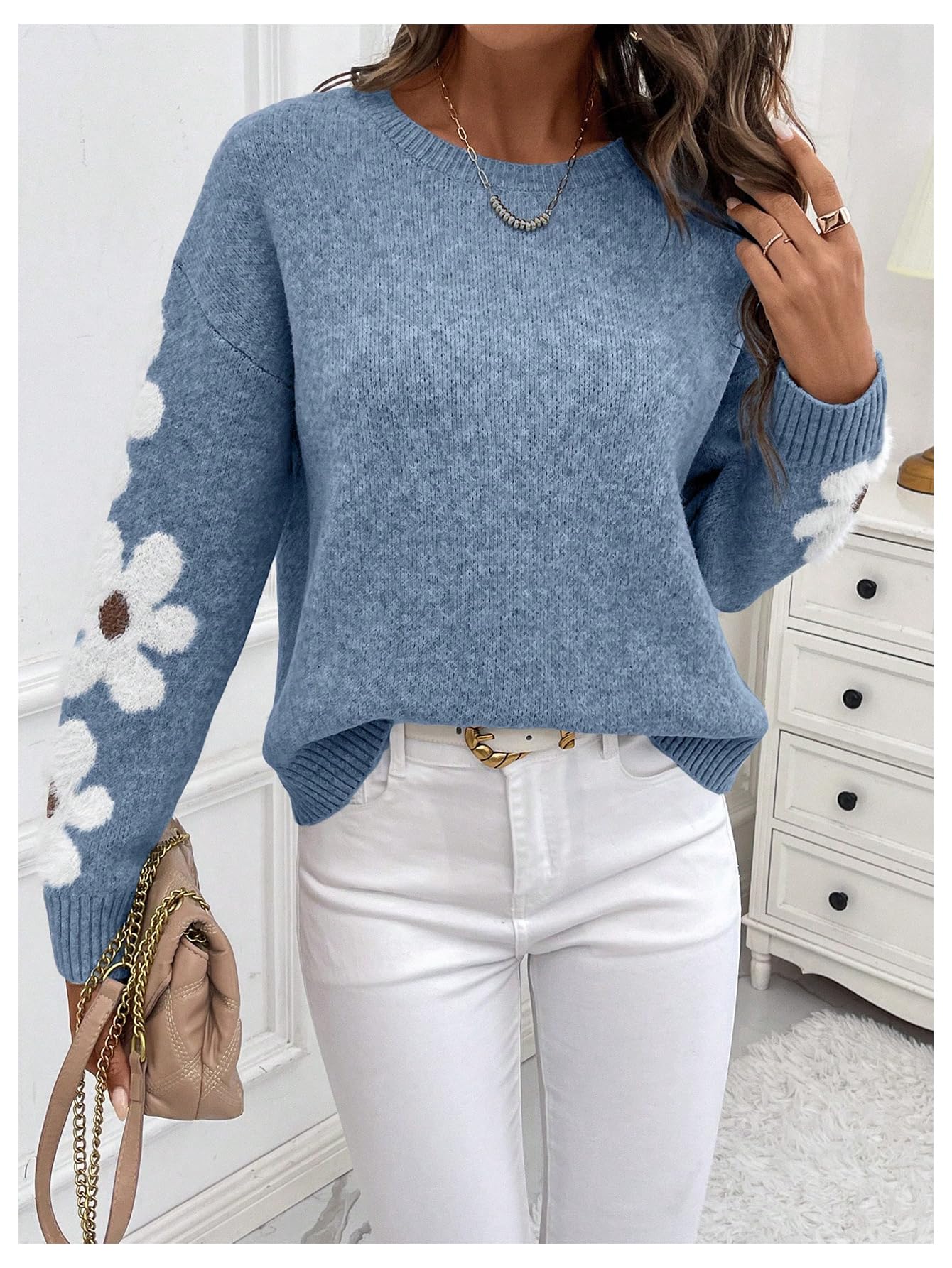 SHENHE Women's Floral Pattern Crewneck Long Sleeve Drop Shoulder Sweaters Pullover Tops Dusty Blue Large - Bella Blue Styles