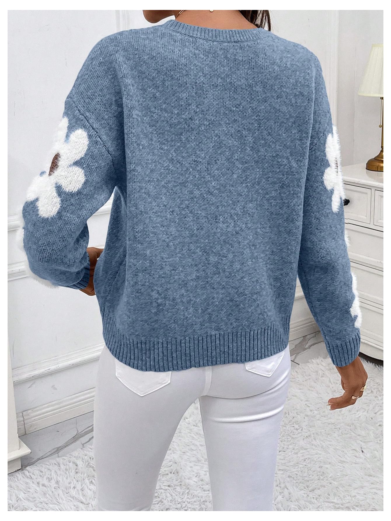 SHENHE Women's Floral Pattern Crewneck Long Sleeve Drop Shoulder Sweaters Pullover Tops Dusty Blue Large - Bella Blue Styles