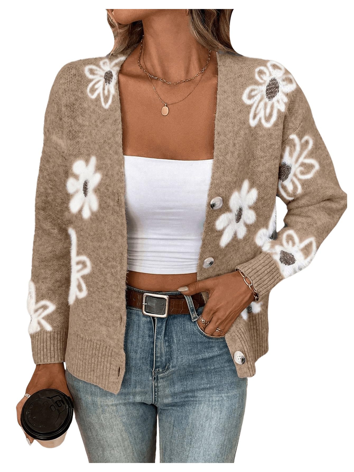 SHENHE Women's Floral Print Button Down Cardigan V Neck Drop Shoulder Knit Outerwear Khaki X - Large - Bella Blue Styles