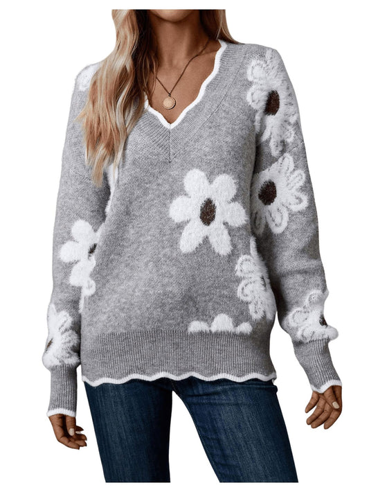 SHENHE Women's Floral V Neck Colorblock Long Sleeve Sweater Scalloped Pullover Knit Top Grey Large - Bella Blue Styles