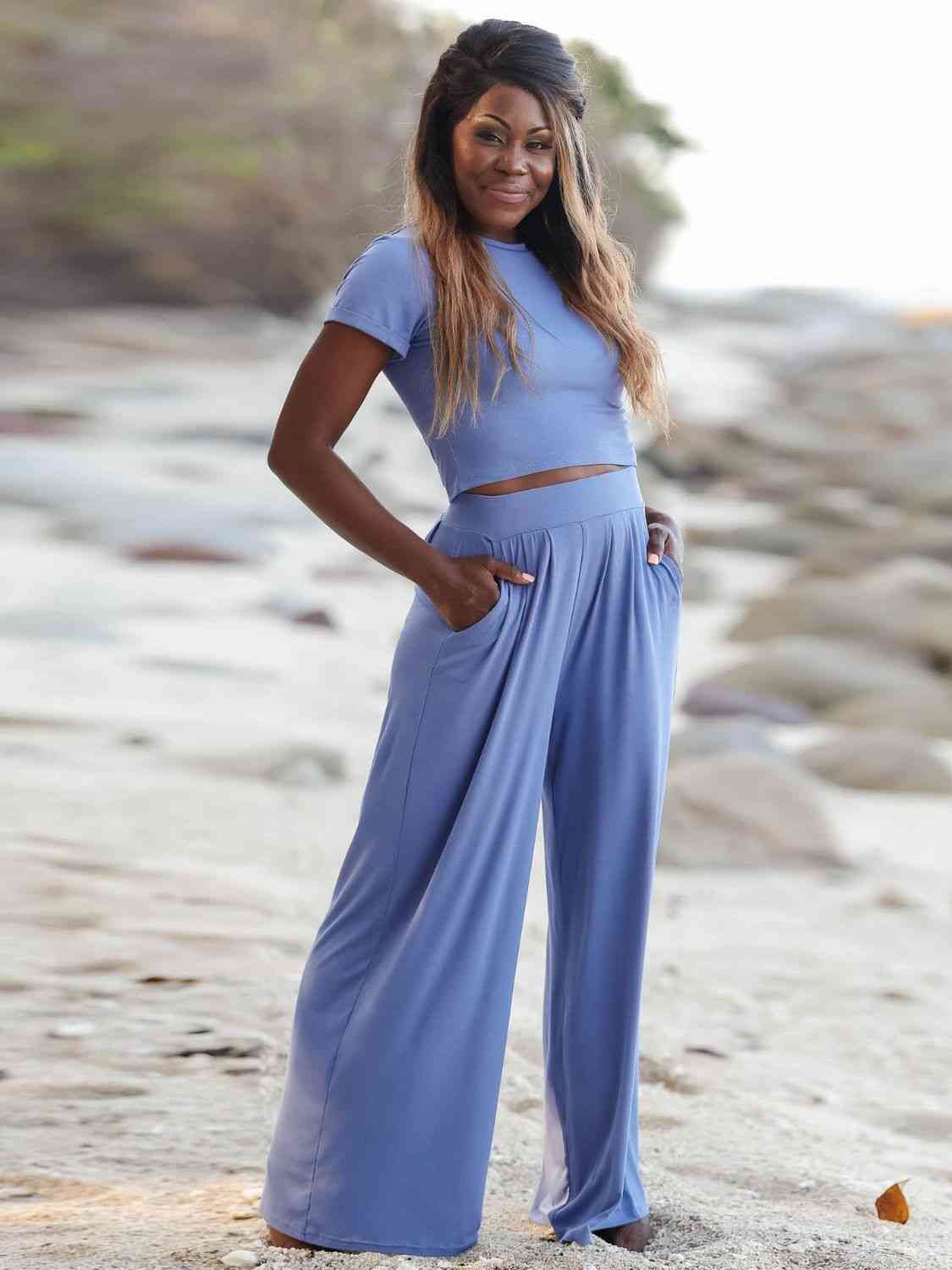 Short Sleeve T-Shirt and Wide Leg Pants Set - Bella Blue Styles