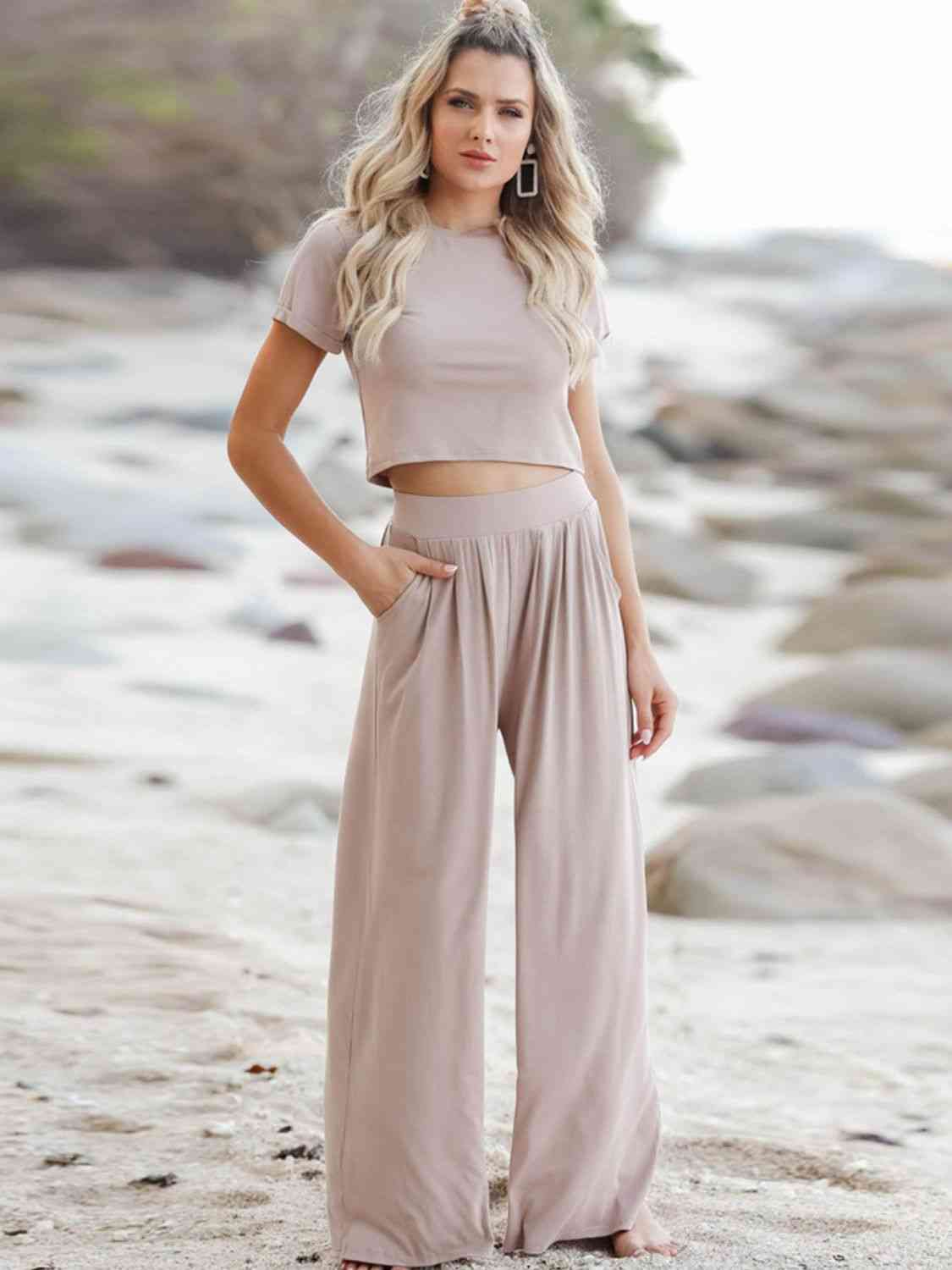 Short Sleeve T-Shirt and Wide Leg Pants Set - Bella Blue Styles