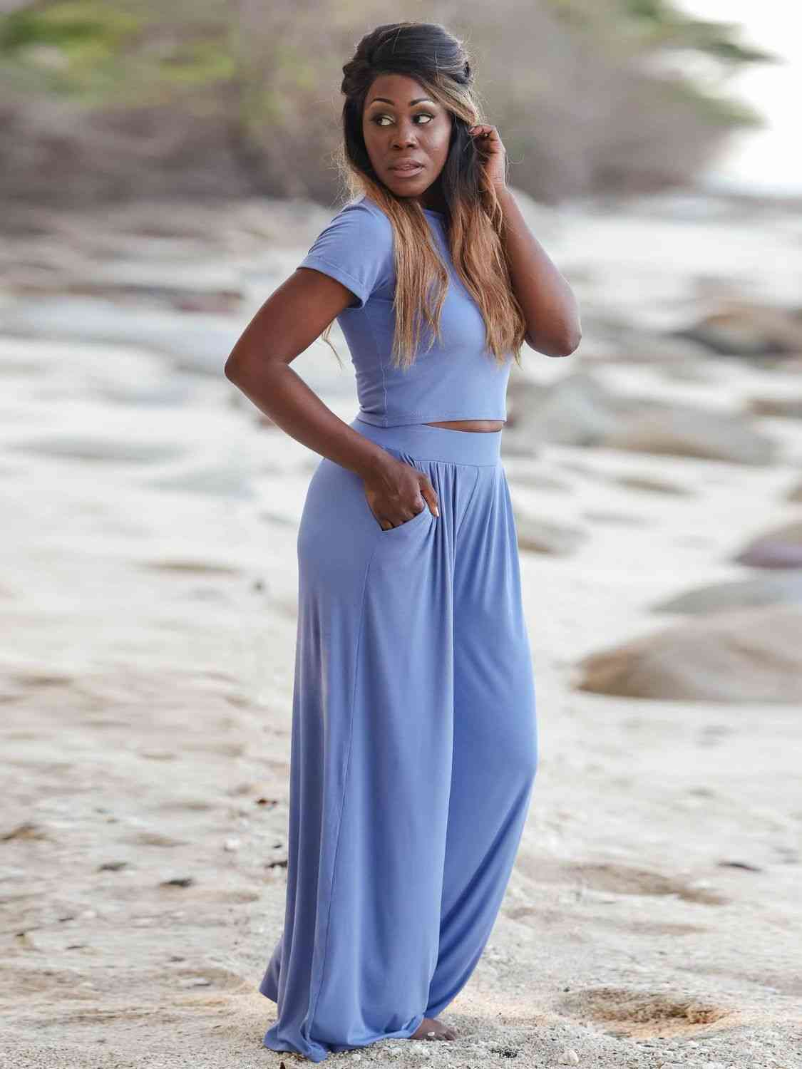 Short Sleeve T-Shirt and Wide Leg Pants Set - Bella Blue Styles