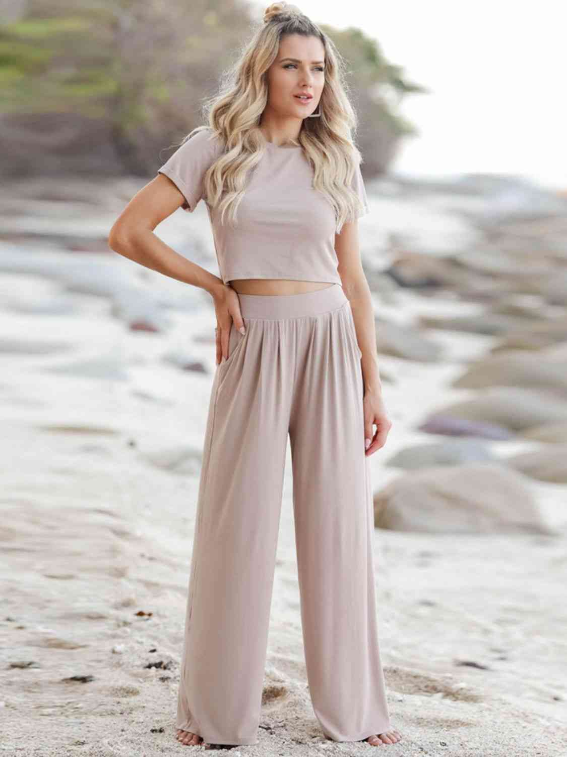 Short Sleeve T-Shirt and Wide Leg Pants Set - Bella Blue Styles