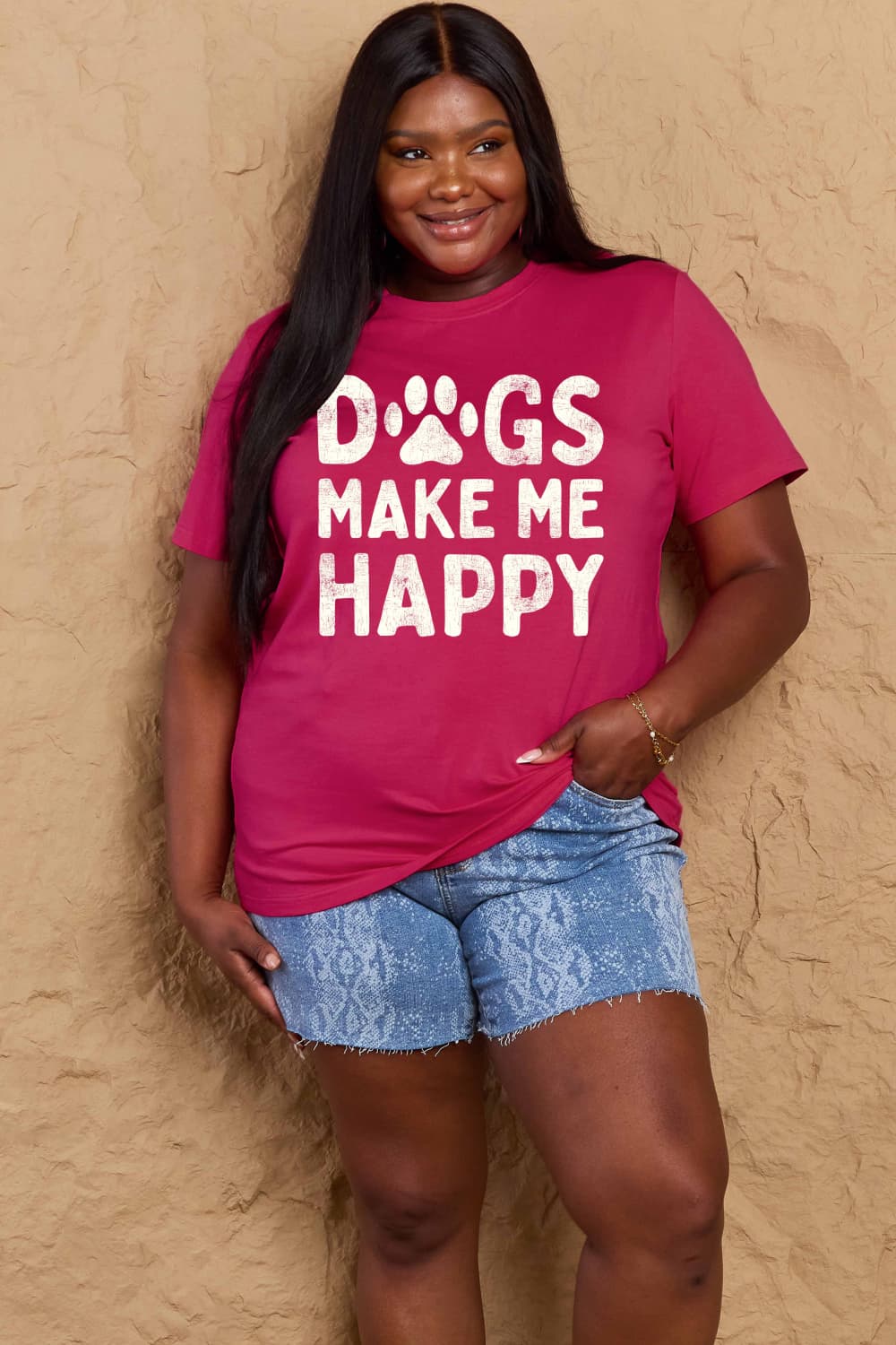 Simply Love Full Size DOGS MAKE ME HAPPY Graphic Cotton T-Shirt - Bella Blue Styles