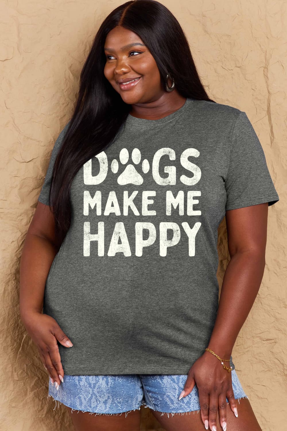 Simply Love Full Size DOGS MAKE ME HAPPY Graphic Cotton T-Shirt - Bella Blue Styles