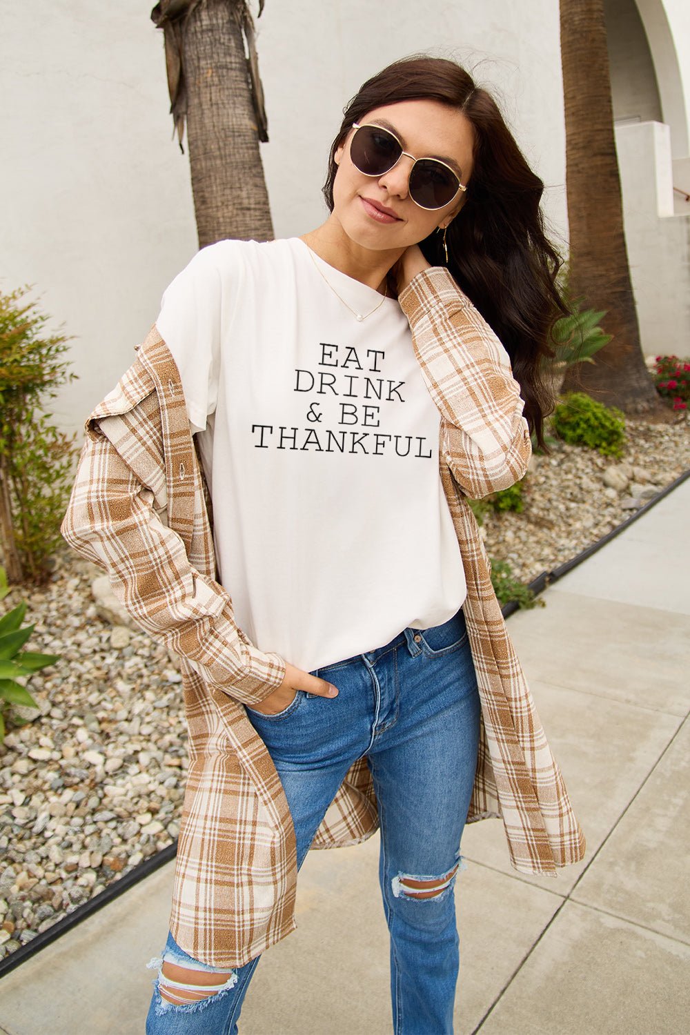 Simply Love Full Size EAT DRINK & BE THANKFUL Round Neck T-Shirt - Bella Blue Styles