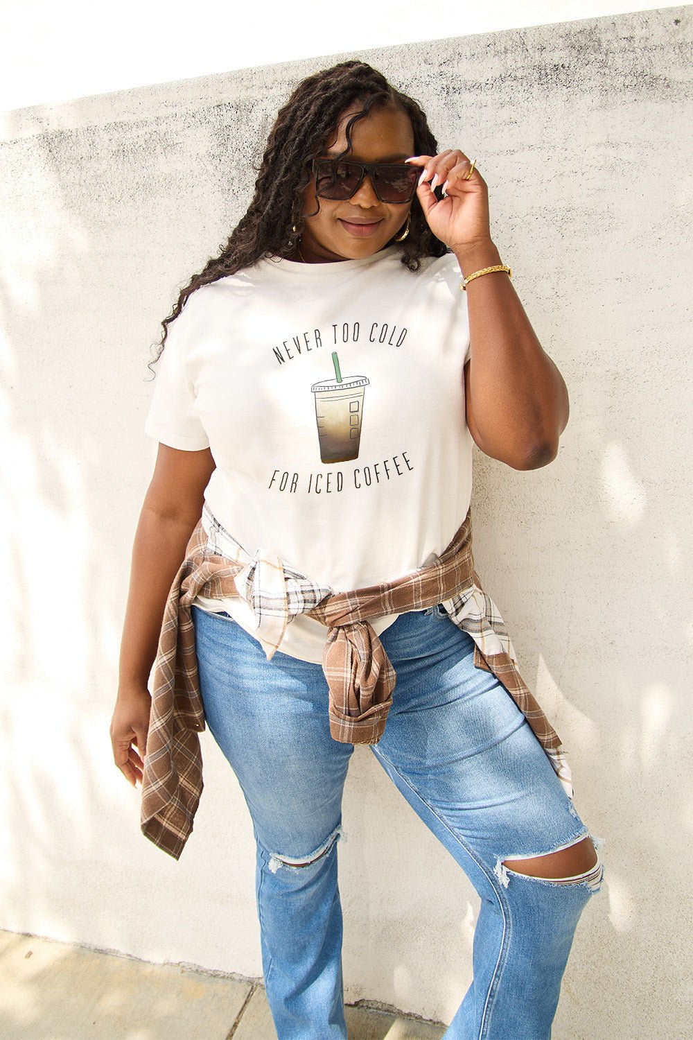 Simply Love Full Size NEVER TOO COLD FOR ICED COFFEE Short Sleeve T-Shirt - Bella Blue Styles