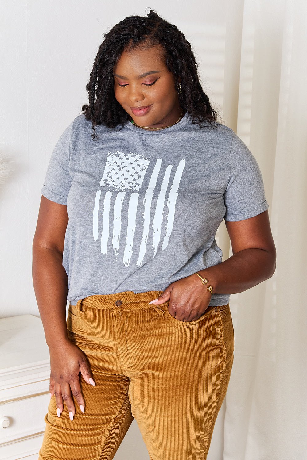 Simply Love US Flag Graphic Cuffed Sleeve T-Shirt - Bella Blue Styles