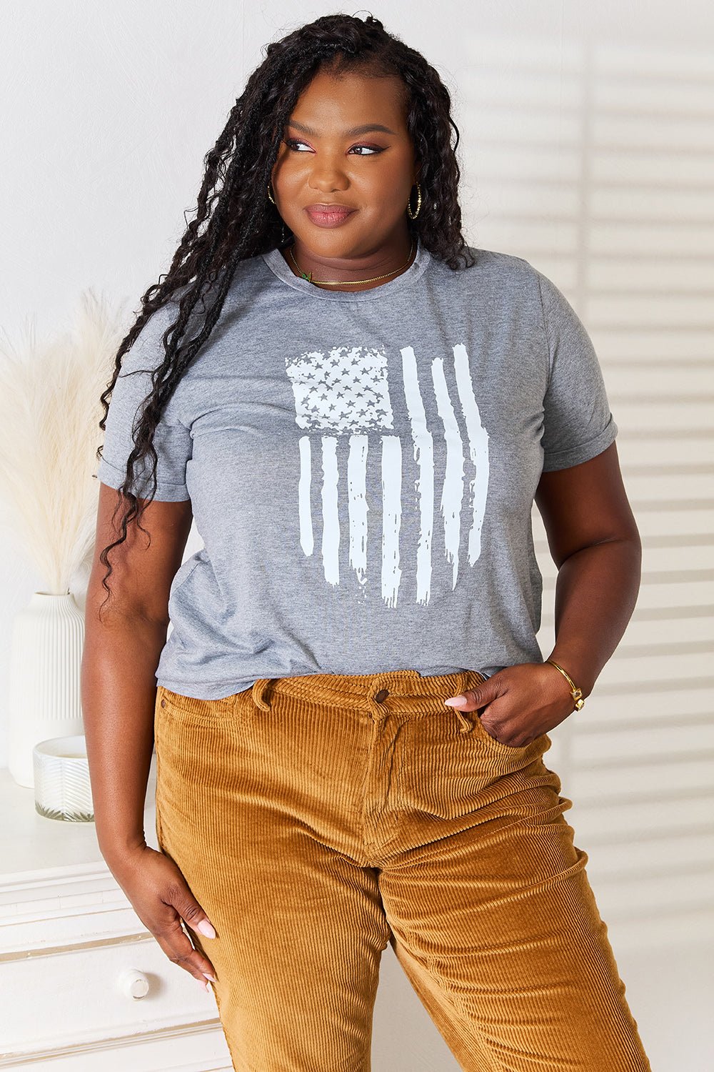 Simply Love US Flag Graphic Cuffed Sleeve T-Shirt - Bella Blue Styles