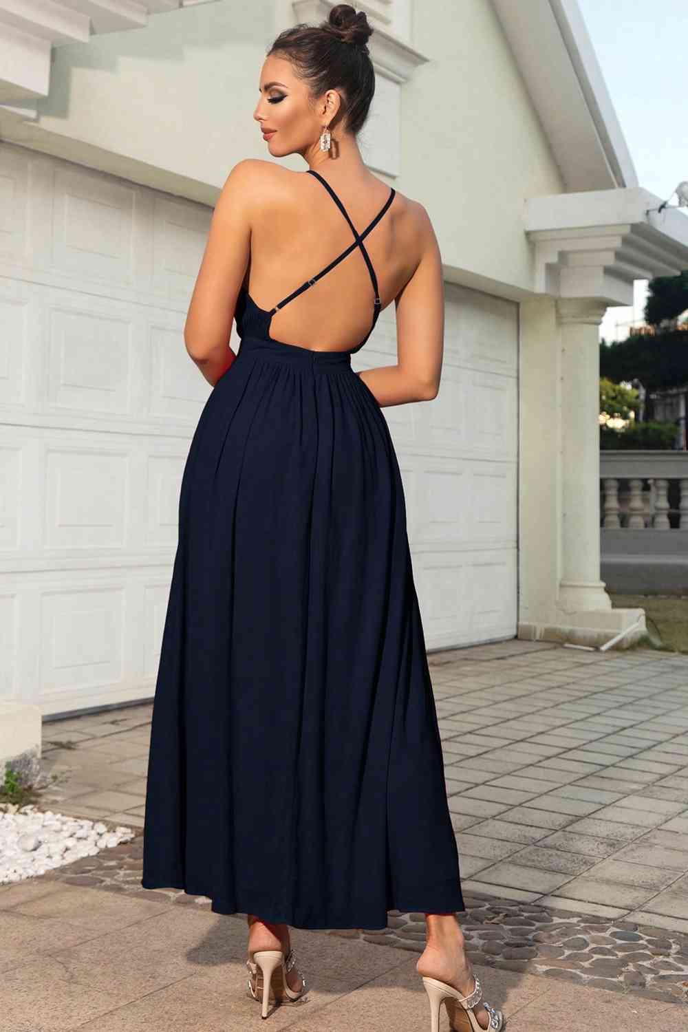 Sleeveless Plunge Neck Slit Maxi Dress - Bella Blue Styles