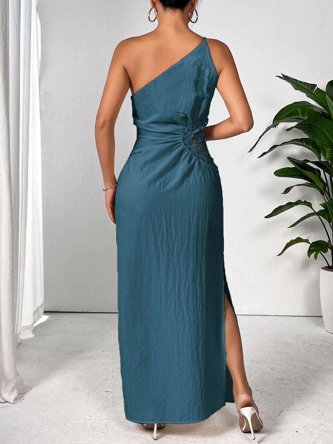 Slit One Shoulder Sleeveless Maxi Dress - Bella Blue Styles