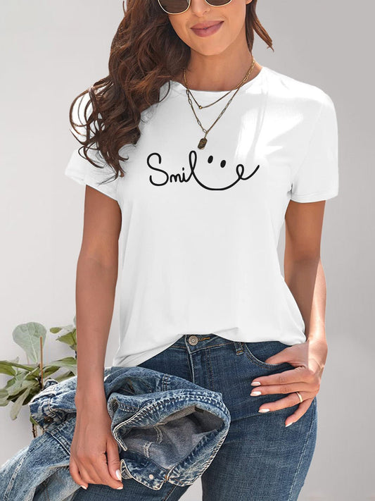 SMILE Round Neck Short Sleeve T-Shirt - Bella Blue Styles