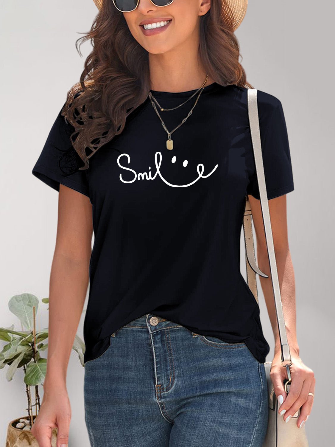 SMILE Round Neck Short Sleeve T-Shirt - Bella Blue Styles