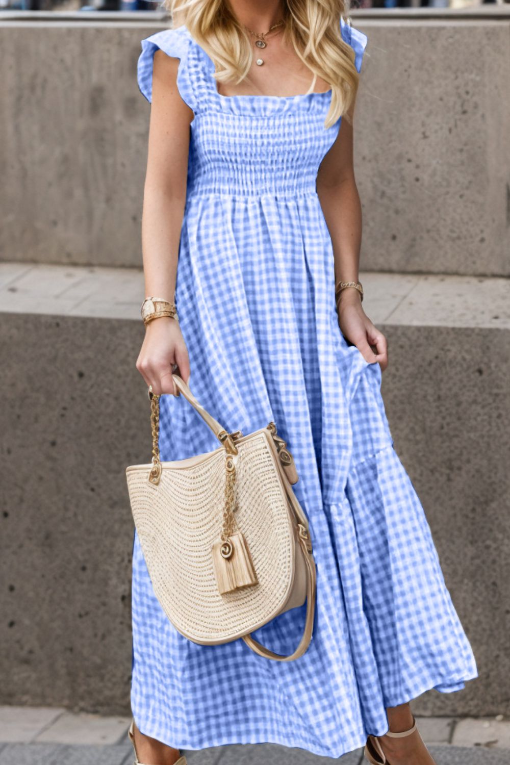 Smocked Ruffled Plaid Ruffle Hem Dress - Bella Blue Styles