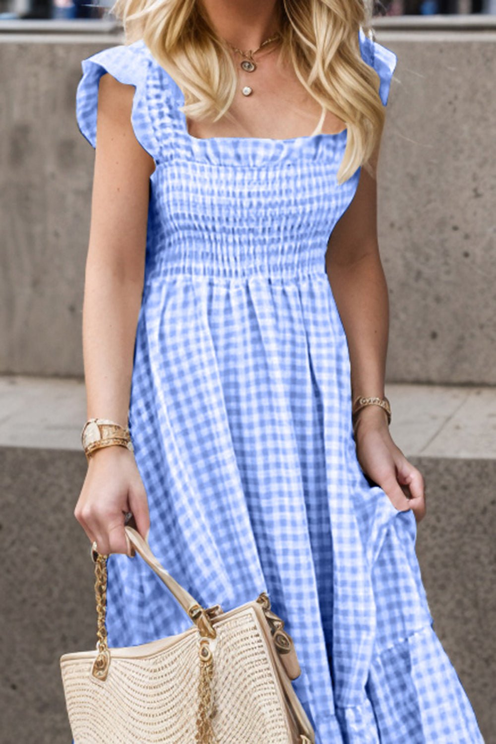 Smocked Ruffled Plaid Ruffle Hem Dress - Bella Blue Styles