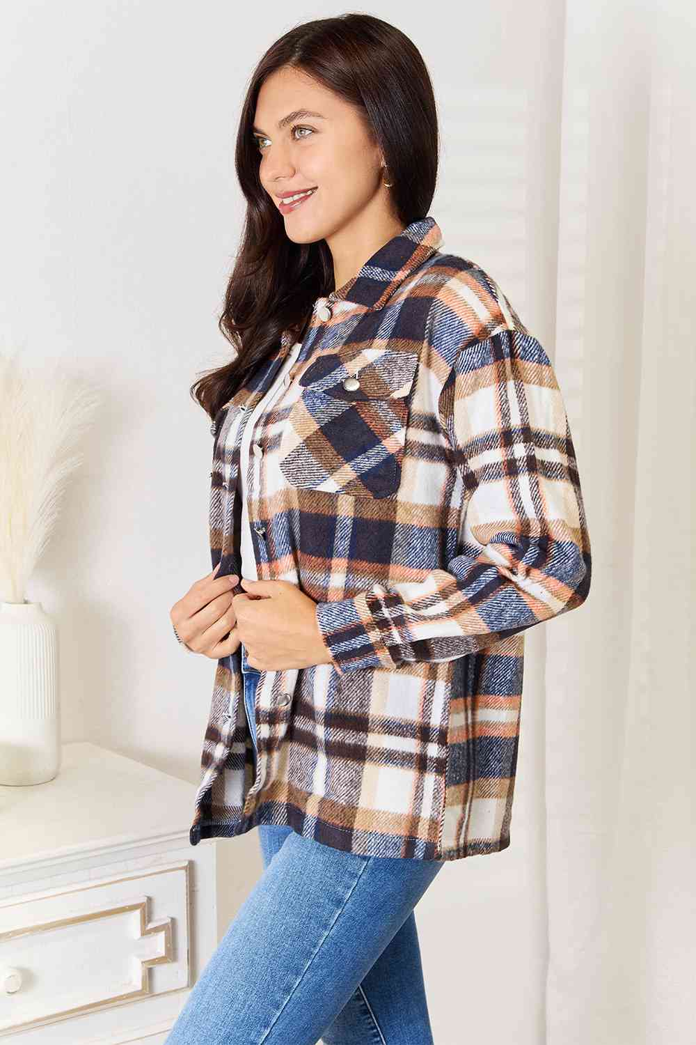 Sophie Plaid Button Front Shirt Jacket with Breast Pockets - Bella Blue Styles