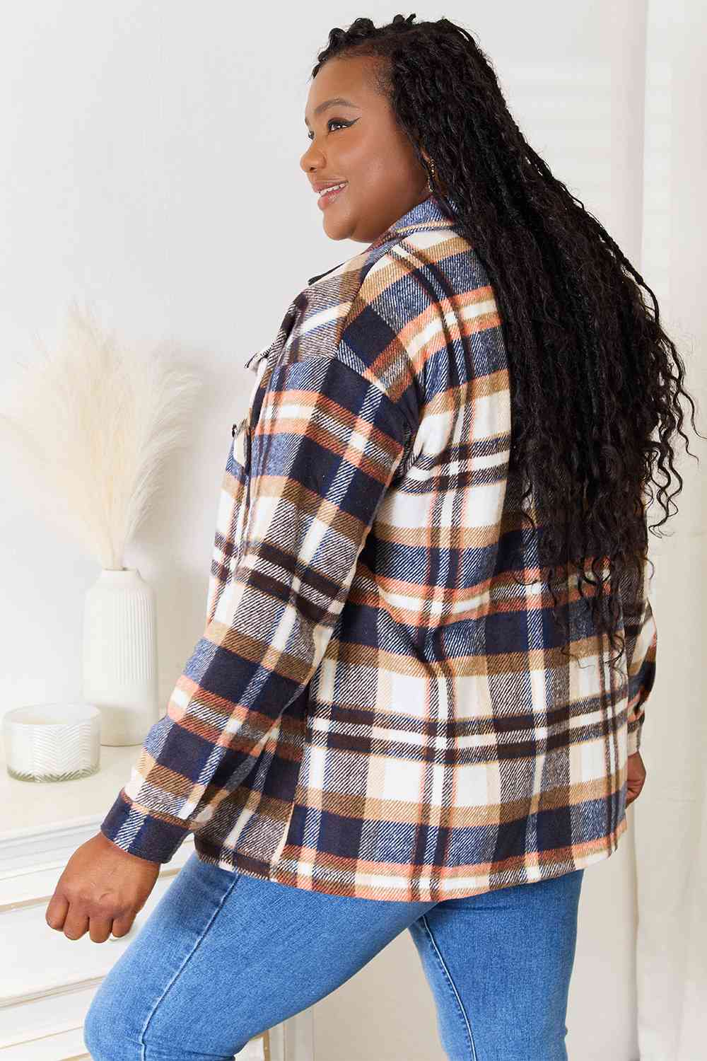 Sophie Plaid Button Front Shirt Jacket with Breast Pockets - Bella Blue Styles