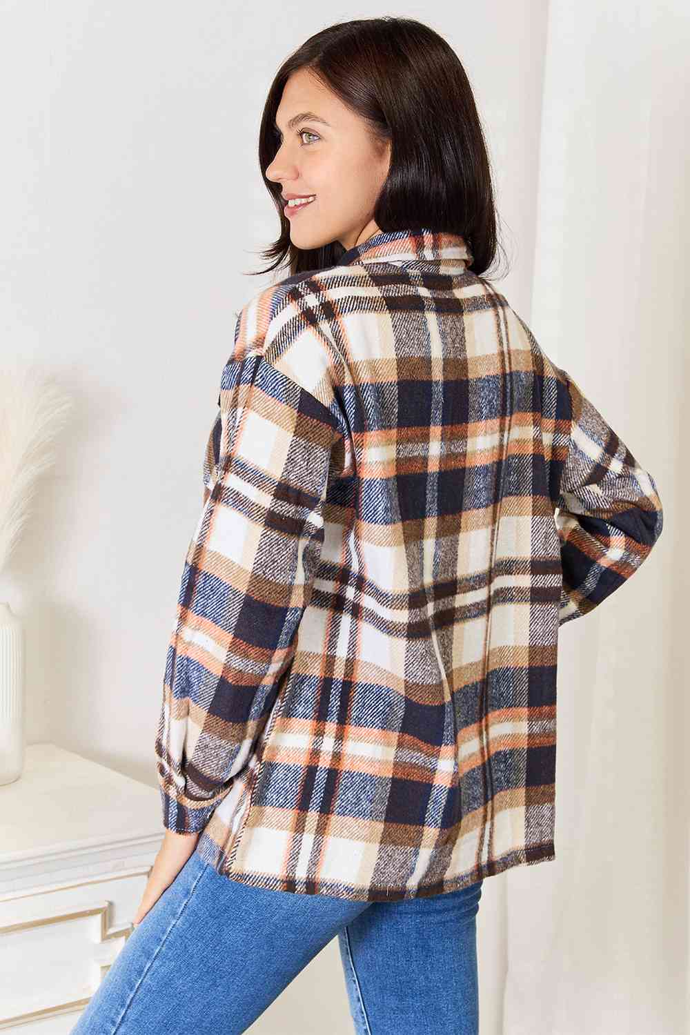 Sophie Plaid Button Front Shirt Jacket with Breast Pockets - Bella Blue Styles