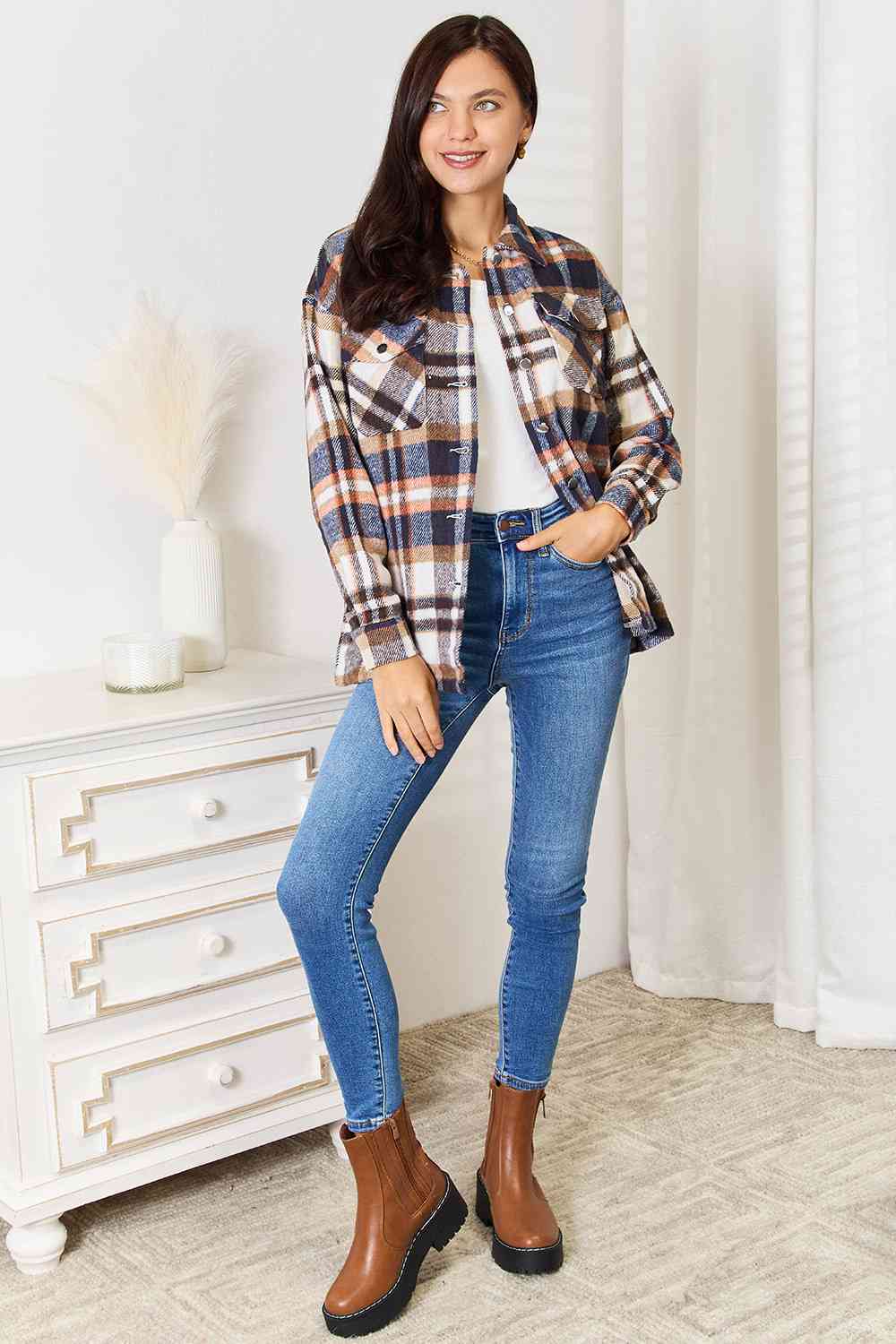 Sophie Plaid Button Front Shirt Jacket with Breast Pockets - Bella Blue Styles