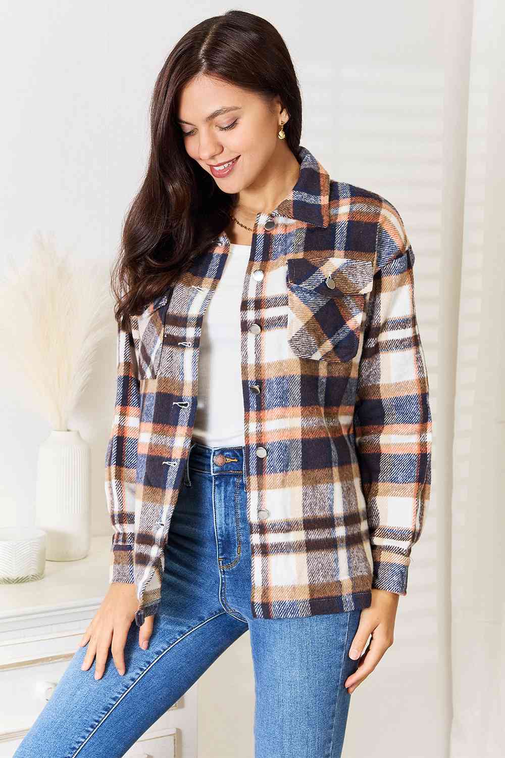 Sophie Plaid Button Front Shirt Jacket with Breast Pockets - Bella Blue Styles