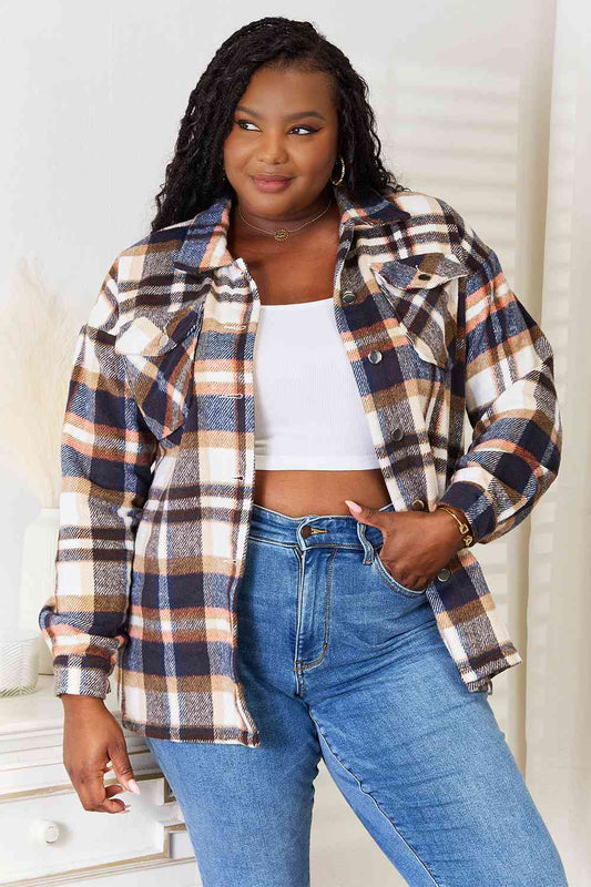 Sophie Plaid Button Front Shirt Jacket with Breast Pockets - Bella Blue Styles