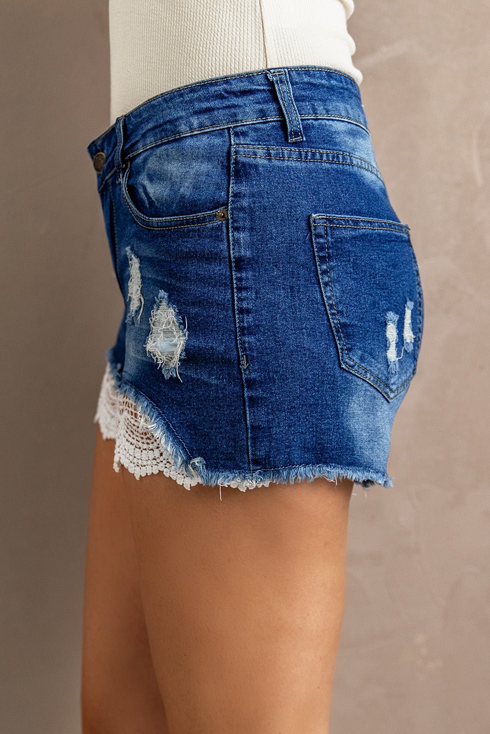 Spliced Lace Distressed Denim Shorts - Bella Blue Styles