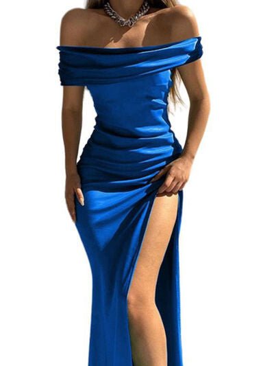 Split Ruched Off-Shoulder Dress - Bella Blue Styles