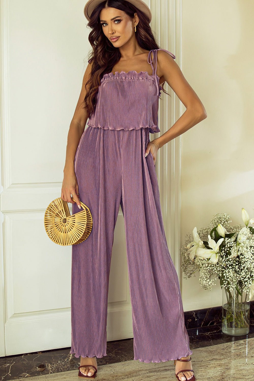 Square Neck Spaghetti Strap Jumpsuit - Bella Blue Styles