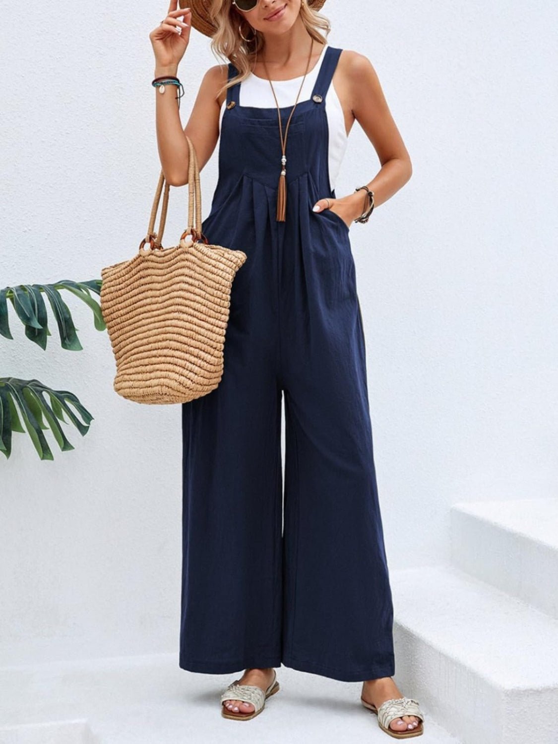 Square Neck Wide Strap Overalls - Bella Blue Styles