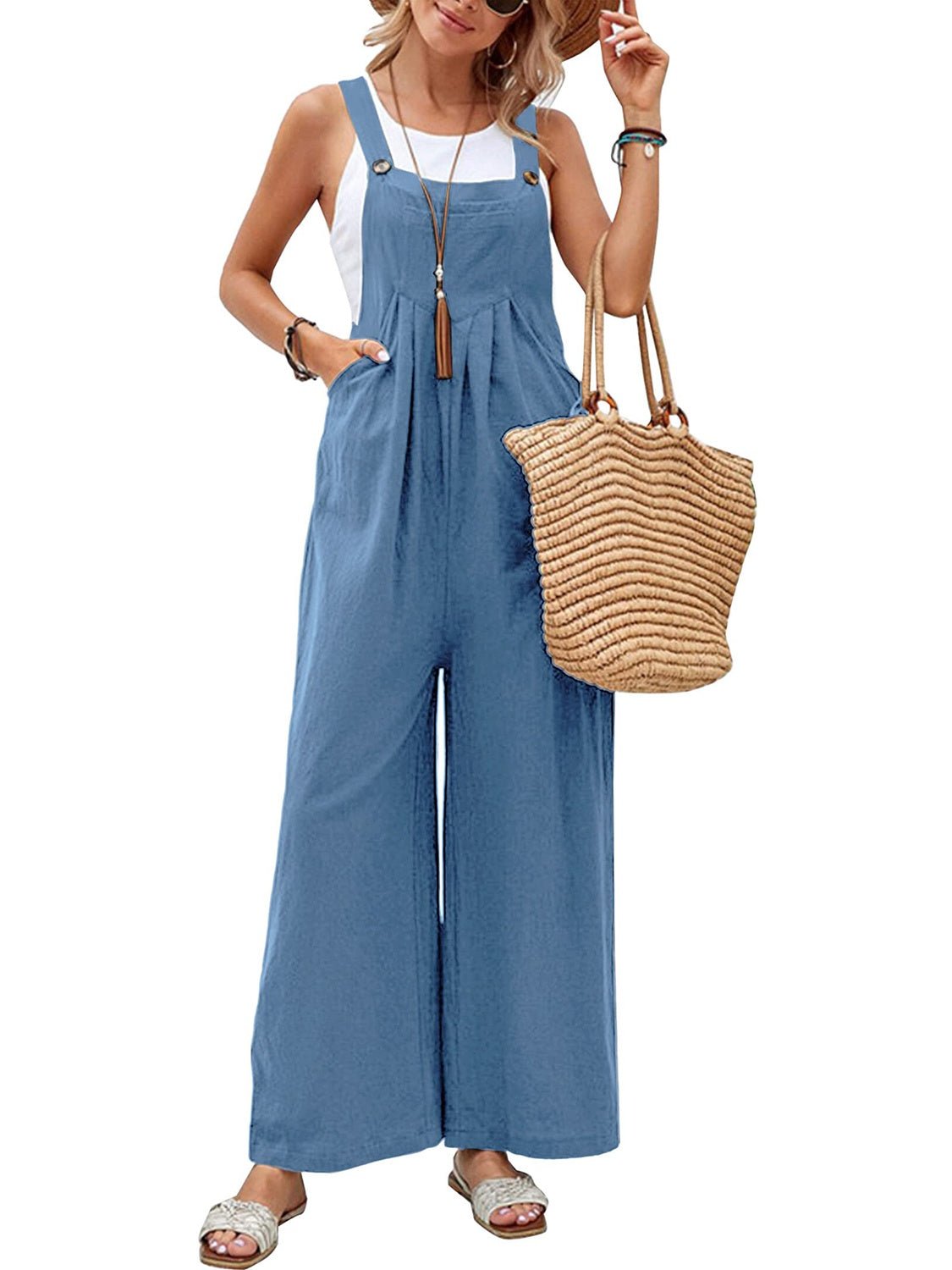 Square Neck Wide Strap Overalls - Bella Blue Styles