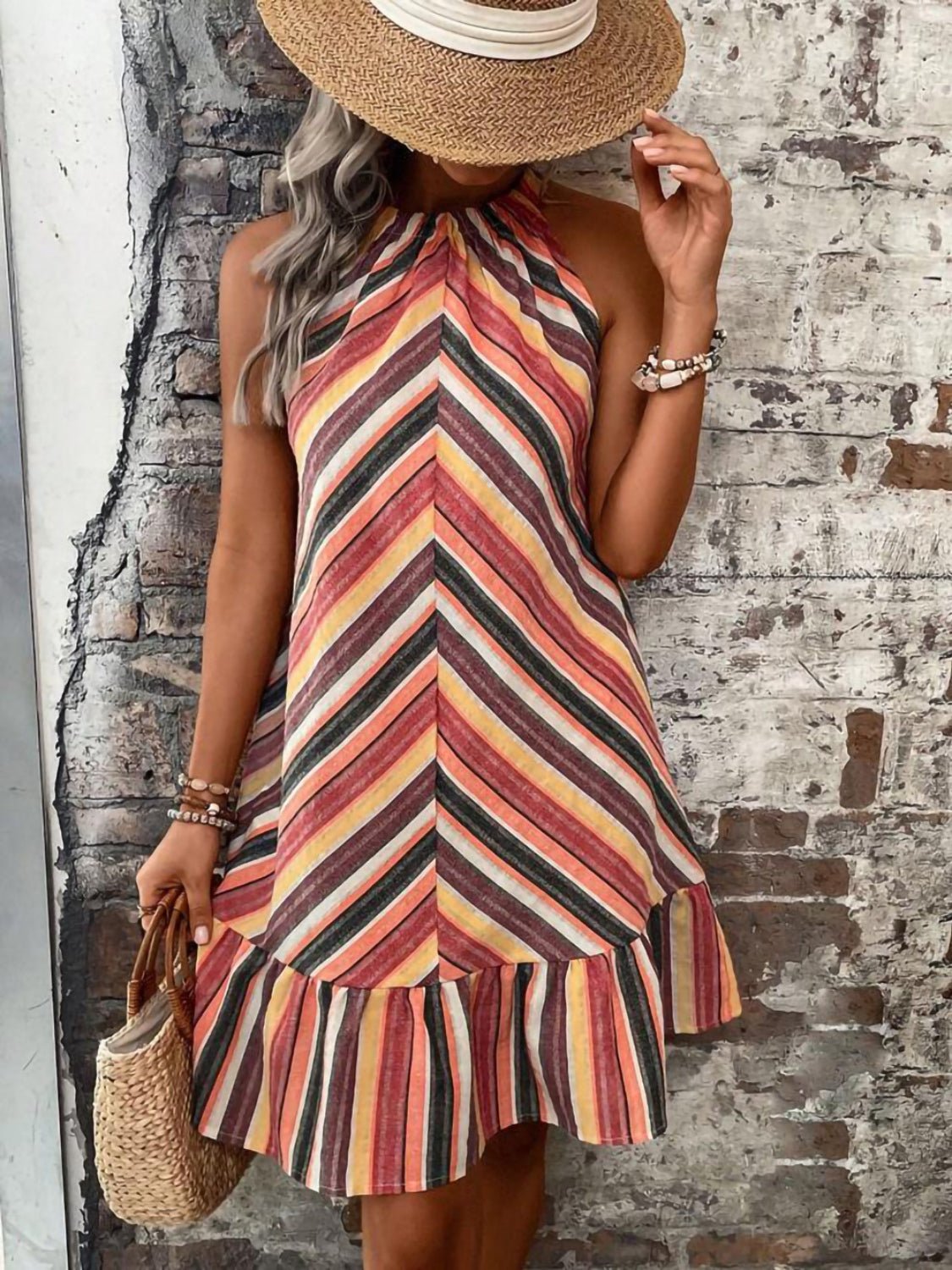 Striped Grecian Neck Dress - Bella Blue Styles