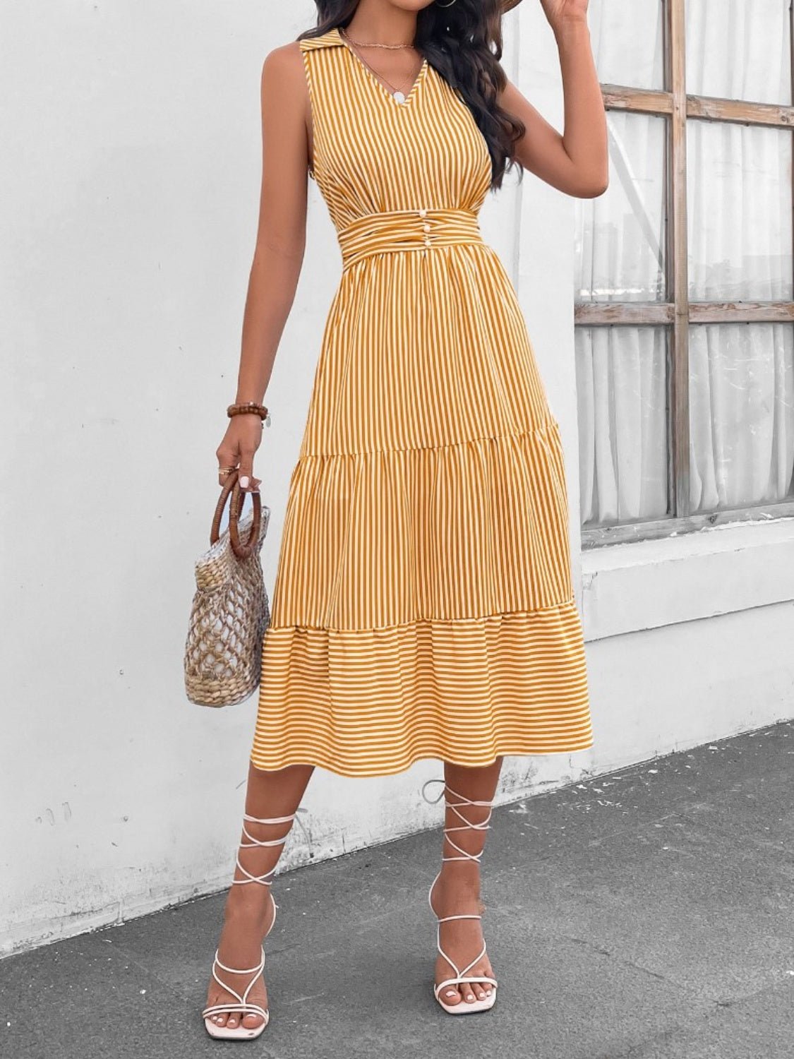 Striped Johnny Collar Sleeveless Midi Dress - Bella Blue Styles