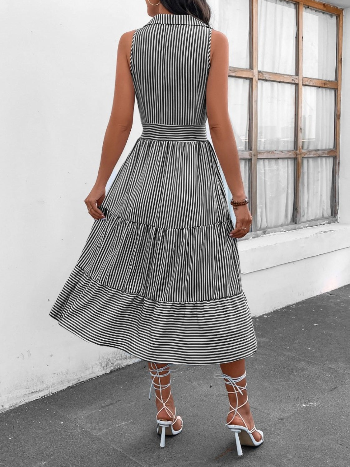 Striped Johnny Collar Sleeveless Midi Dress - Bella Blue Styles