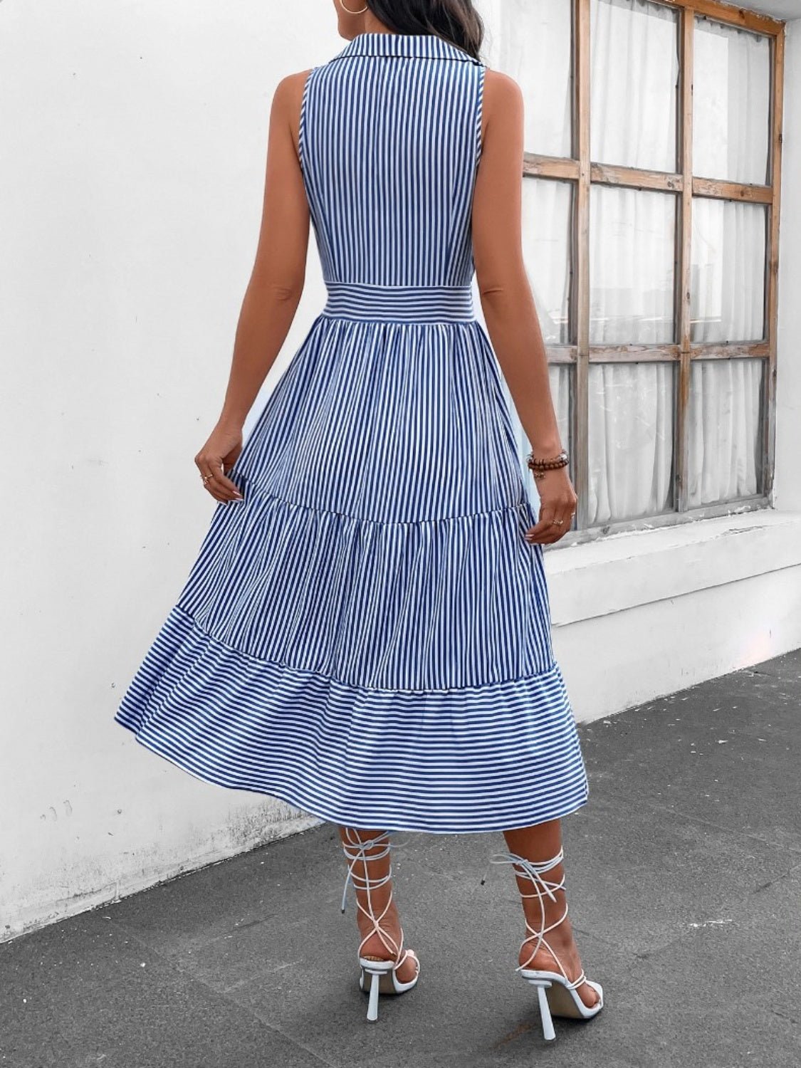 Striped Johnny Collar Sleeveless Midi Dress - Bella Blue Styles