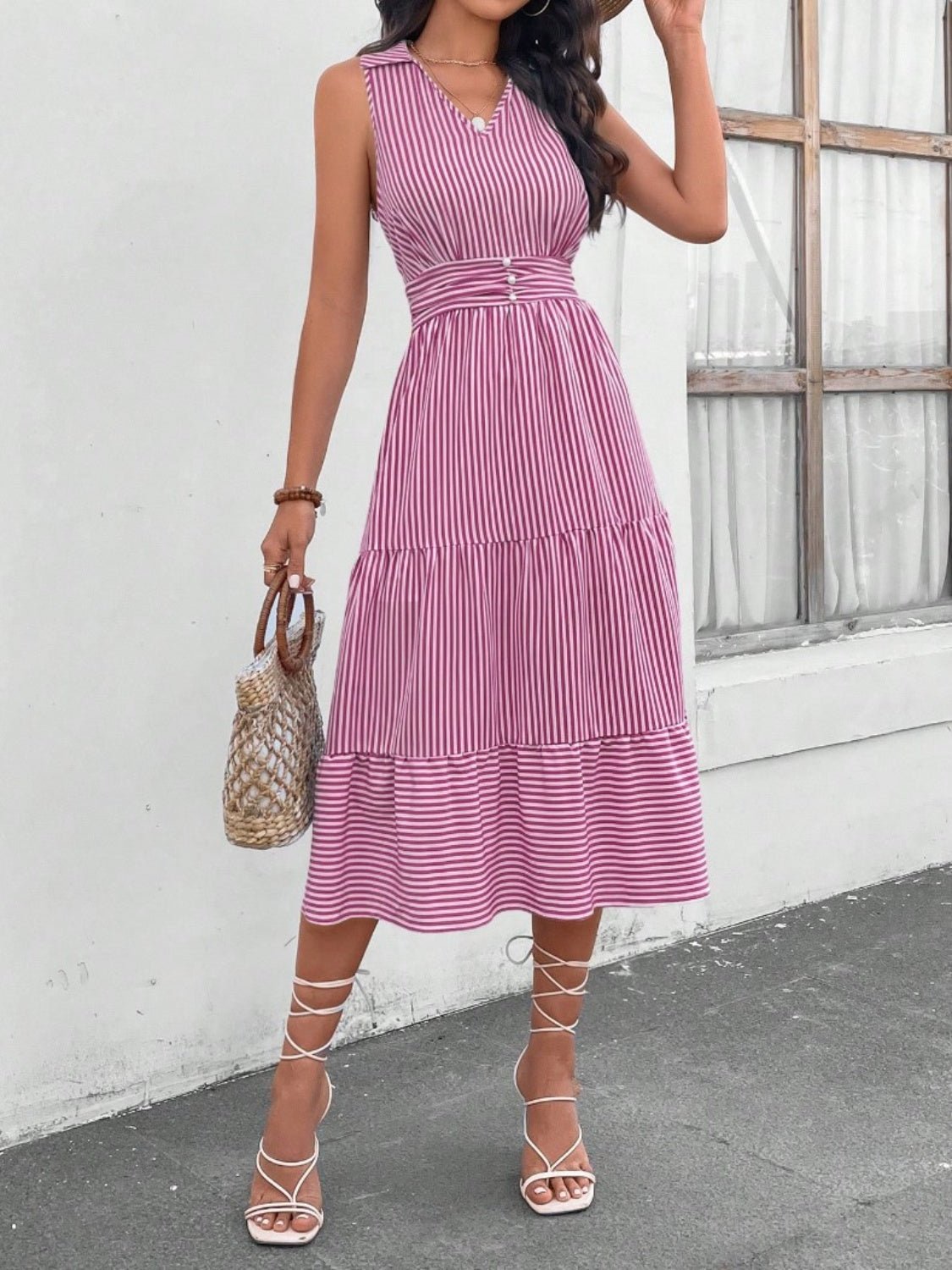 Striped Johnny Collar Sleeveless Midi Dress - Bella Blue Styles