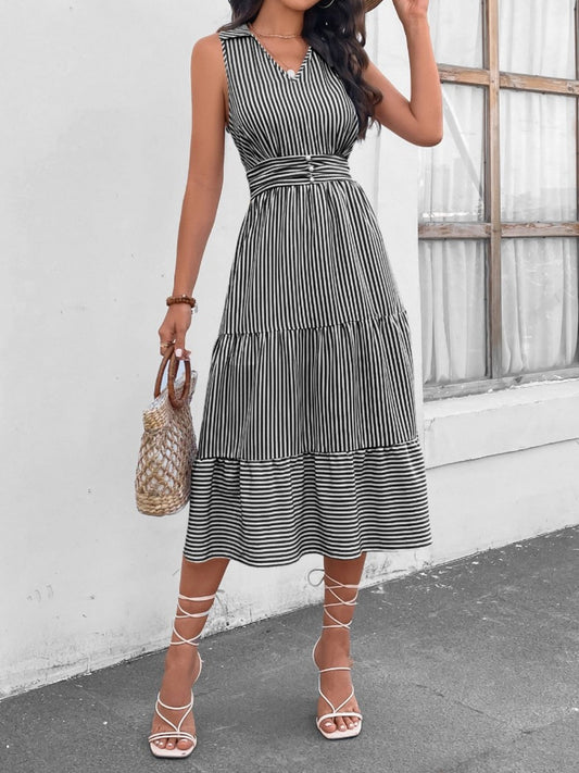 Striped Johnny Collar Sleeveless Midi Dress - Bella Blue Styles