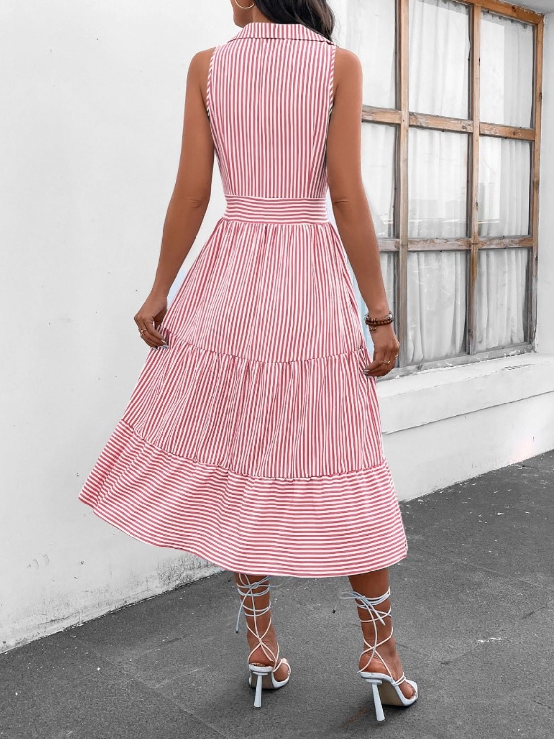 Striped Johnny Collar Sleeveless Midi Dress - Bella Blue Styles