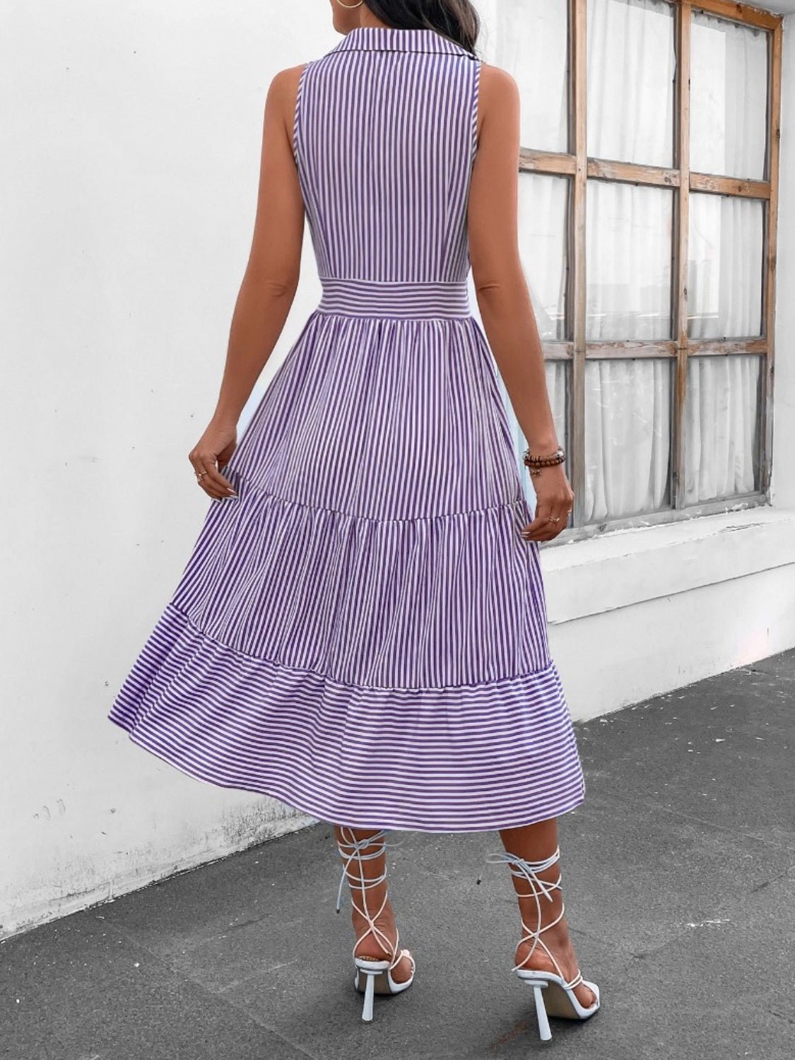 Striped Johnny Collar Sleeveless Midi Dress - Bella Blue Styles