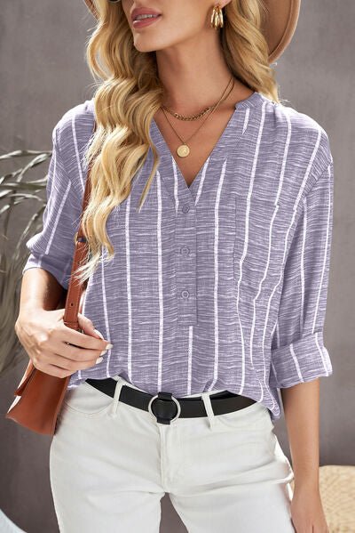 Striped Notched Long Sleeve Shirt - Bella Blue Styles