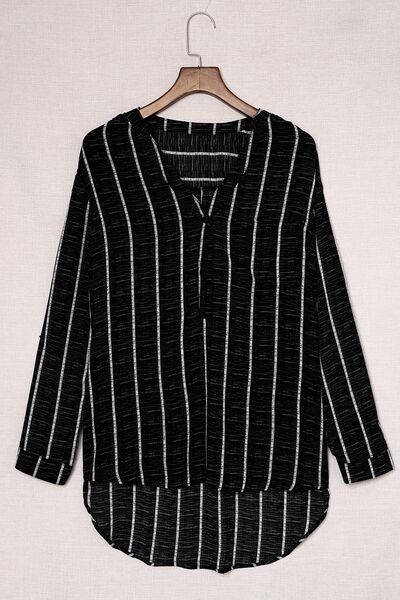 Striped Notched Long Sleeve Shirt - Bella Blue Styles