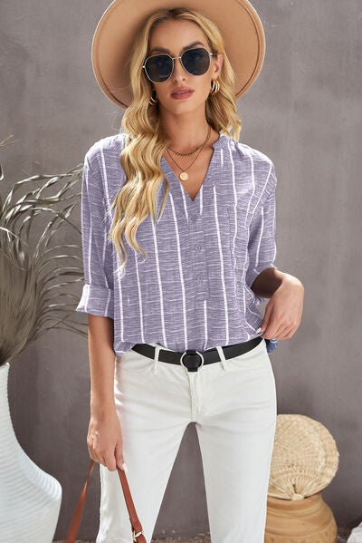 Striped Notched Long Sleeve Shirt - Bella Blue Styles