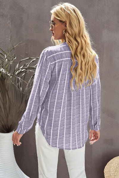 Striped Notched Long Sleeve Shirt - Bella Blue Styles