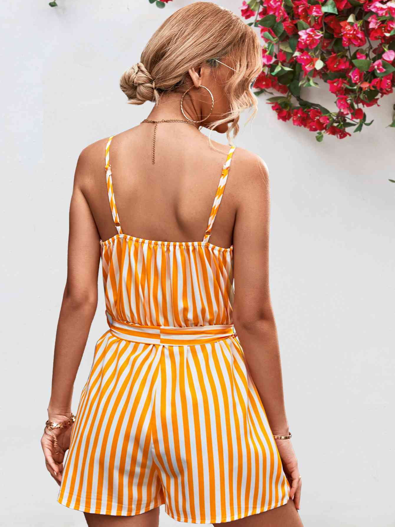 Striped Tie Waist Spaghetti Strap Romper - Bella Blue Styles