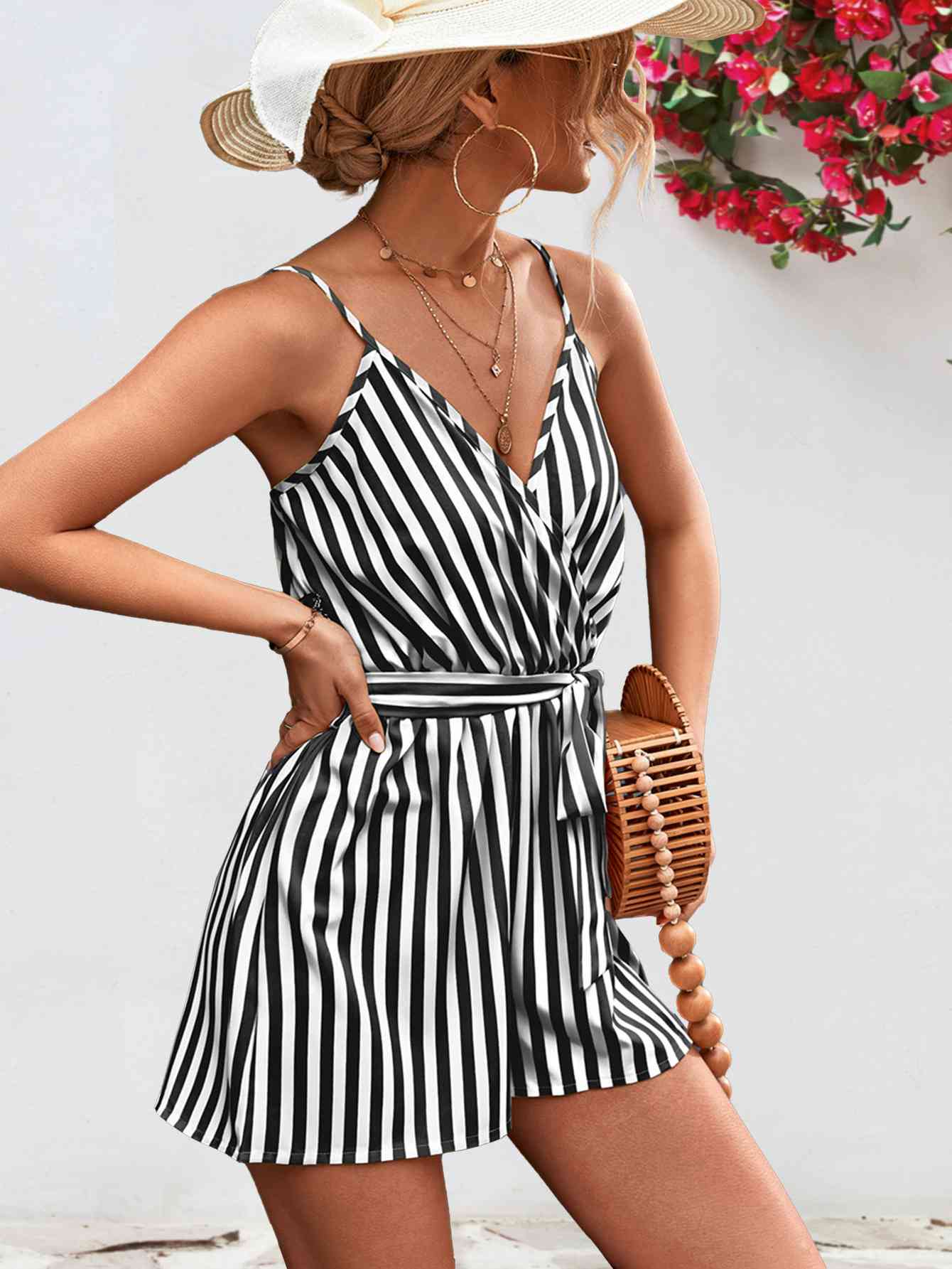 Striped Tie Waist Spaghetti Strap Romper - Bella Blue Styles