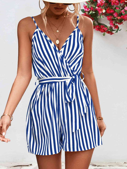 Striped Tie Waist Spaghetti Strap Romper - Bella Blue Styles