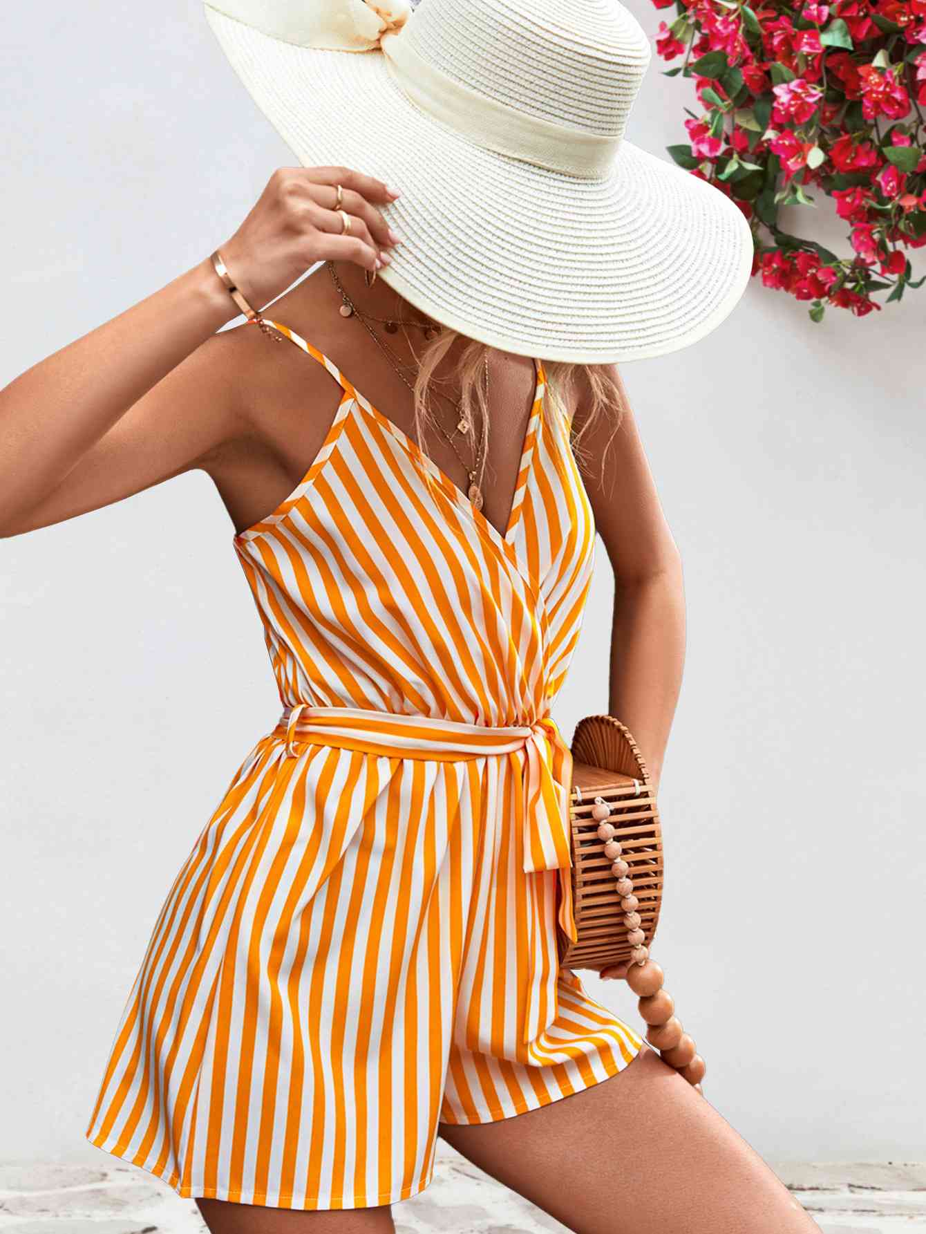 Striped Tie Waist Spaghetti Strap Romper - Bella Blue Styles