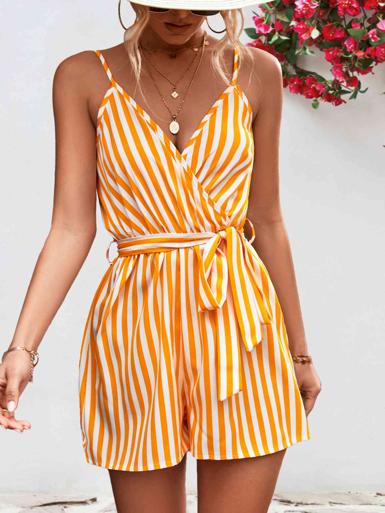 Striped Tie Waist Spaghetti Strap Romper - Bella Blue Styles