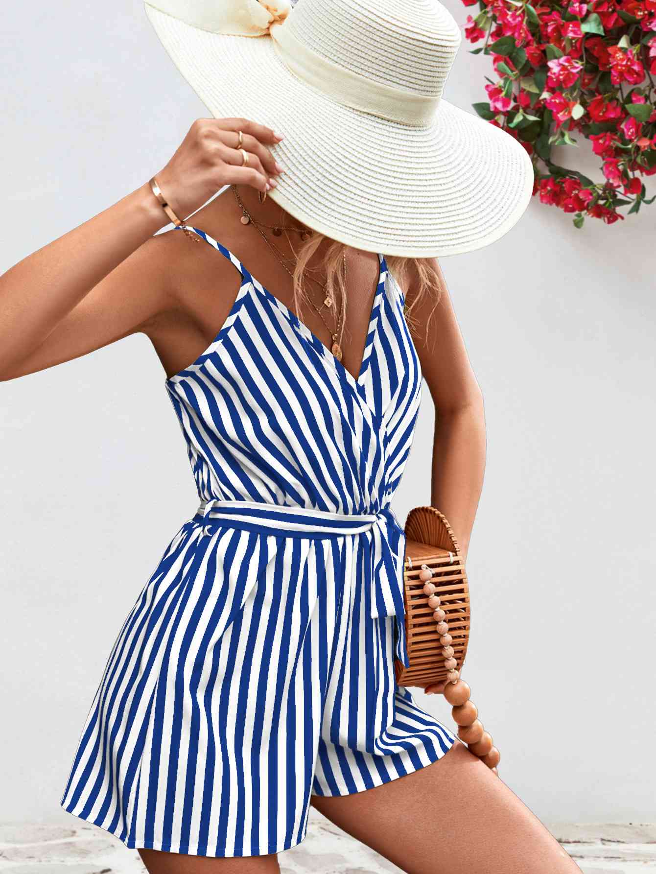 Striped Tie Waist Spaghetti Strap Romper - Bella Blue Styles